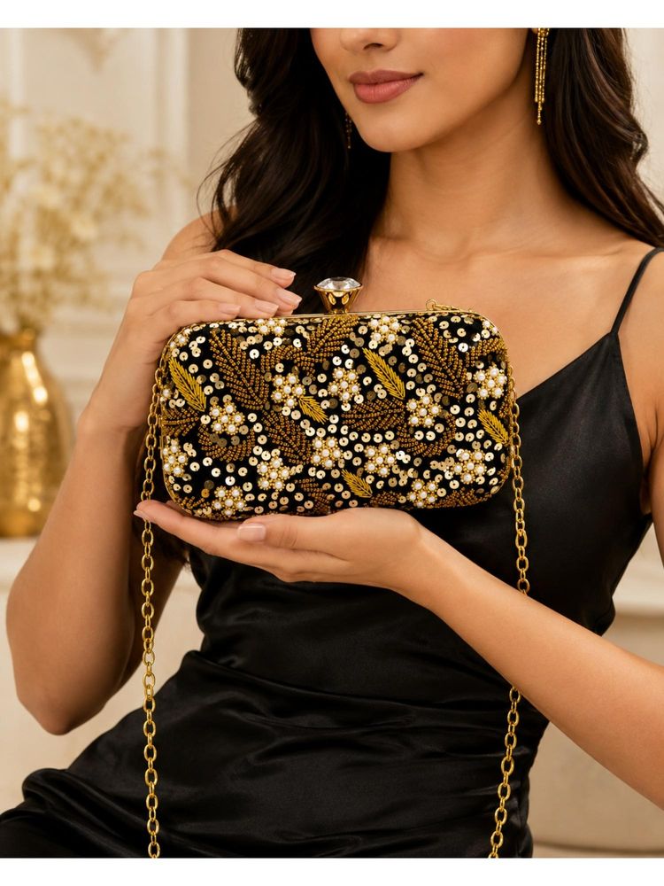 Fabbhue Women Black and Gold Box Clutch-picture-13