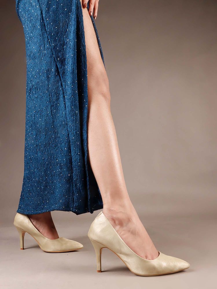 The White Pole Elegant Gold Textured Pointed Toe Pumps for Women-picture-22