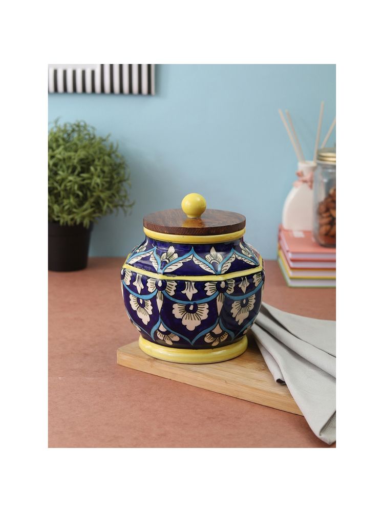 VarEesha Hand Painted Blue Mughal Ceramic Barni, Jar with Wooden Lid-picture-13