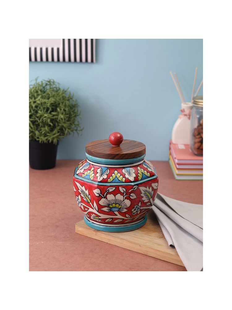 VarEesha Hand Painted Red Mughal Ceramic Barni, Jar with Wooden Lid-picture-36