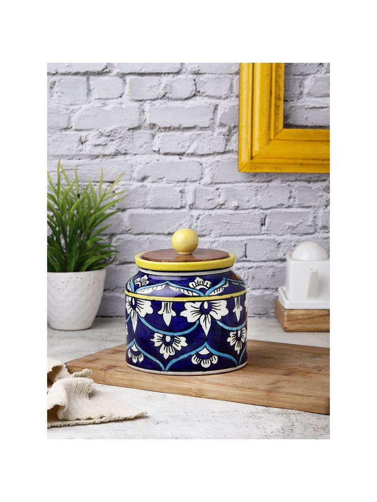 VarEesha Hand Painted Blue White Floral Cylindrical Ceramic Jar with Wooden Lid-picture-0