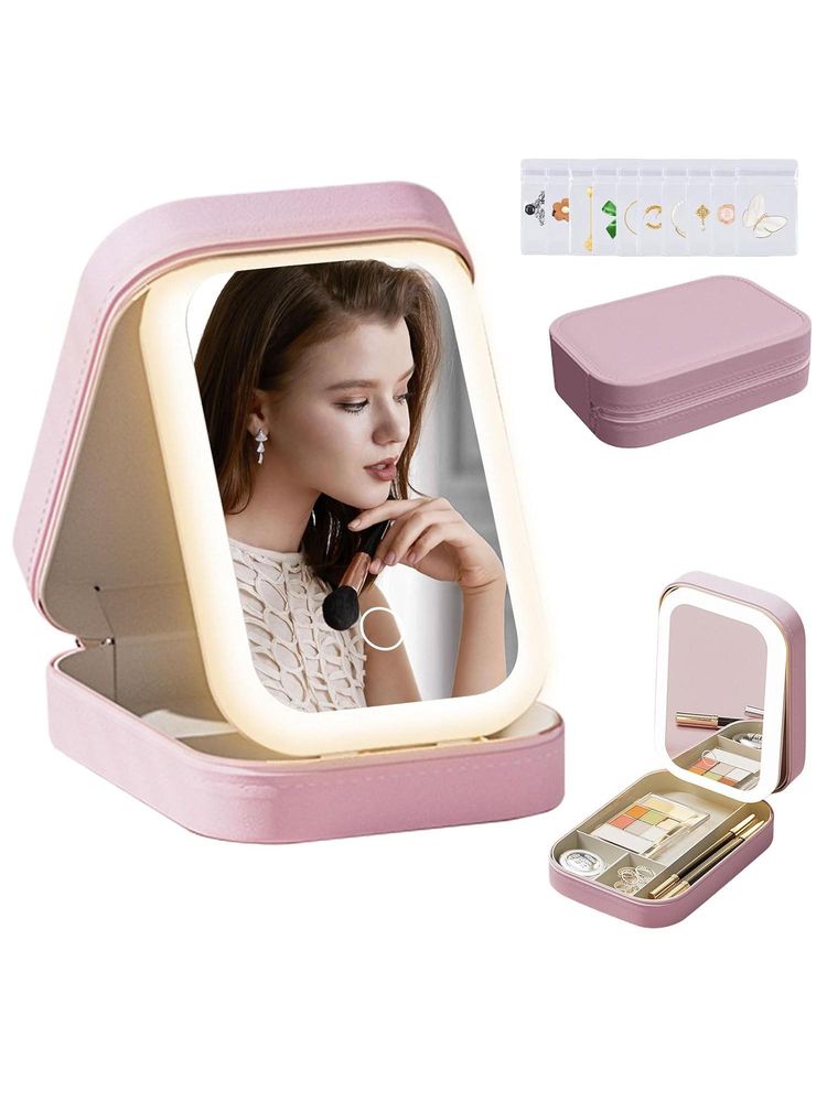 Awestuffs Pink Adjustable Lights LED Mirrored Makeup Organizer-image-5