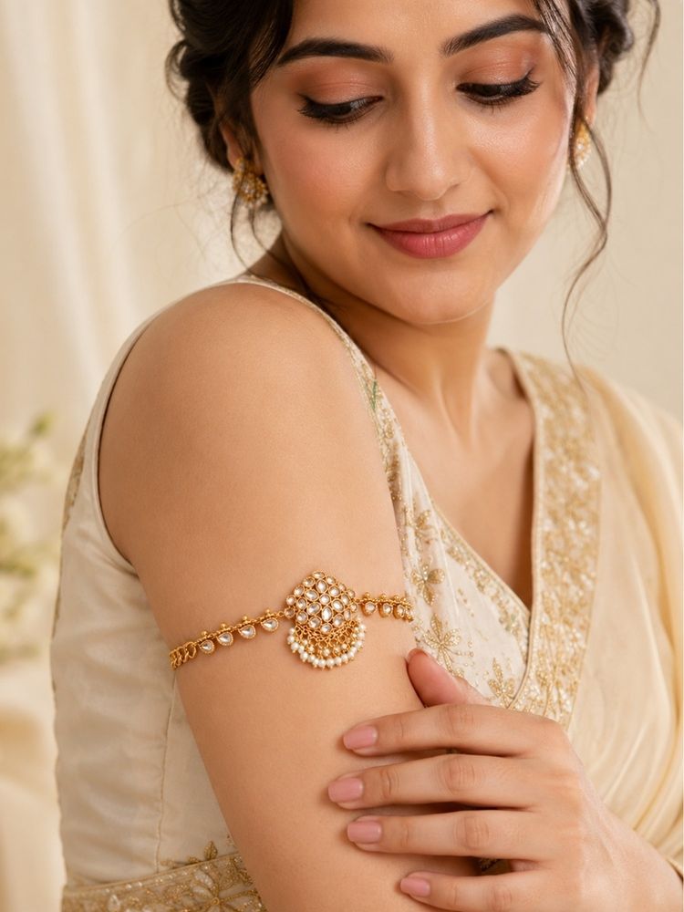 Accessher Gold Plated Kundan Bajuband with Pearl Drops-picture-19
