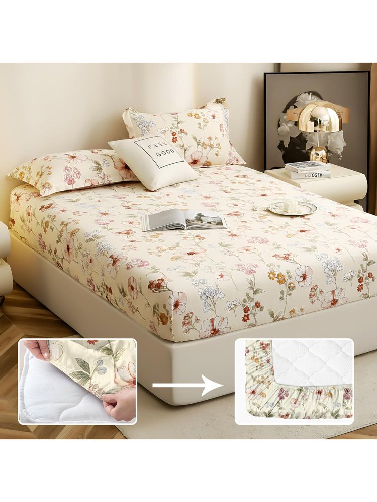 Story@Home 210 TC King Bedsheet with 2 Pillow Covers - Off White & Red-image-6