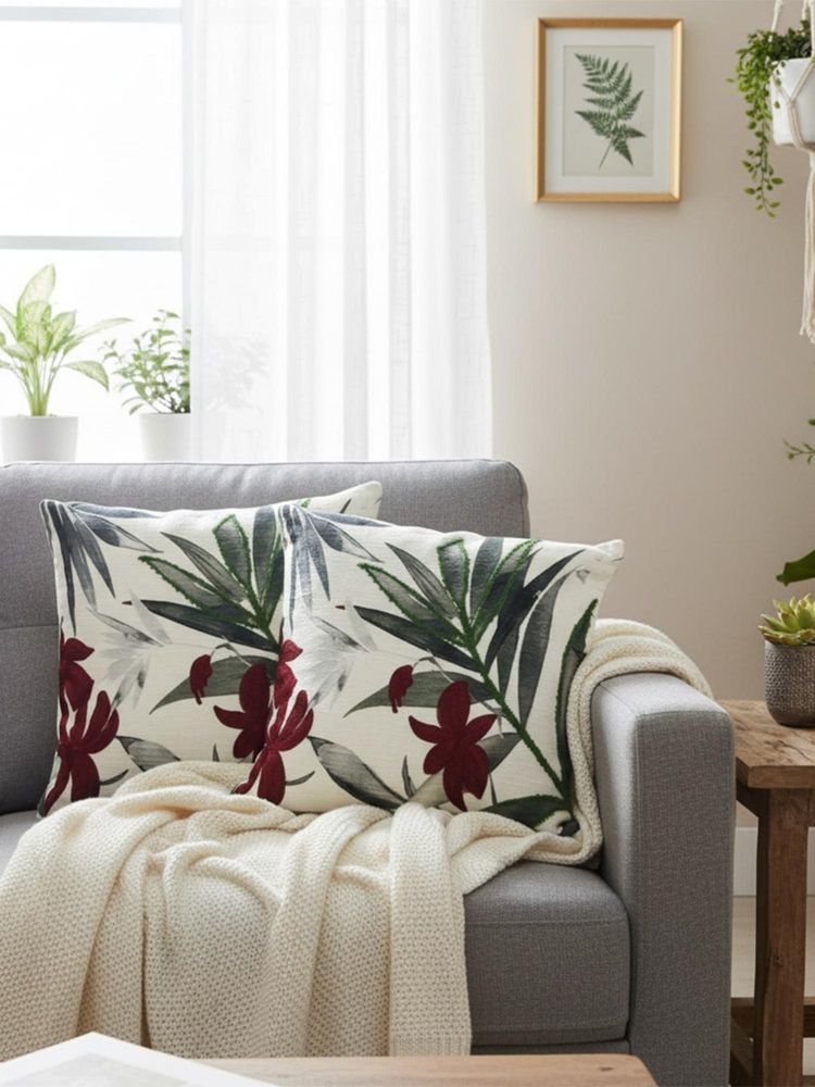 Izaafa Elegant Maroon & Green Botanical Throw Decorative Cushion Covers (18x18 Inches) (Pack of 2)-image-24