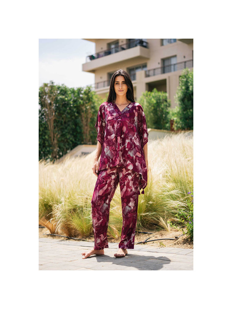 sanskrutihomes SAY Pink Floral Silk Blend V-Neck Kaftan Top with Pyjama (Set of 2)-picture-17