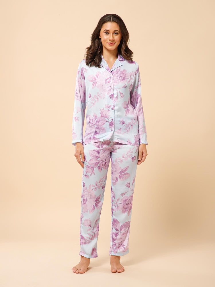 Drape In Vogue Pastel Florals Satin Nightsuit-image-25