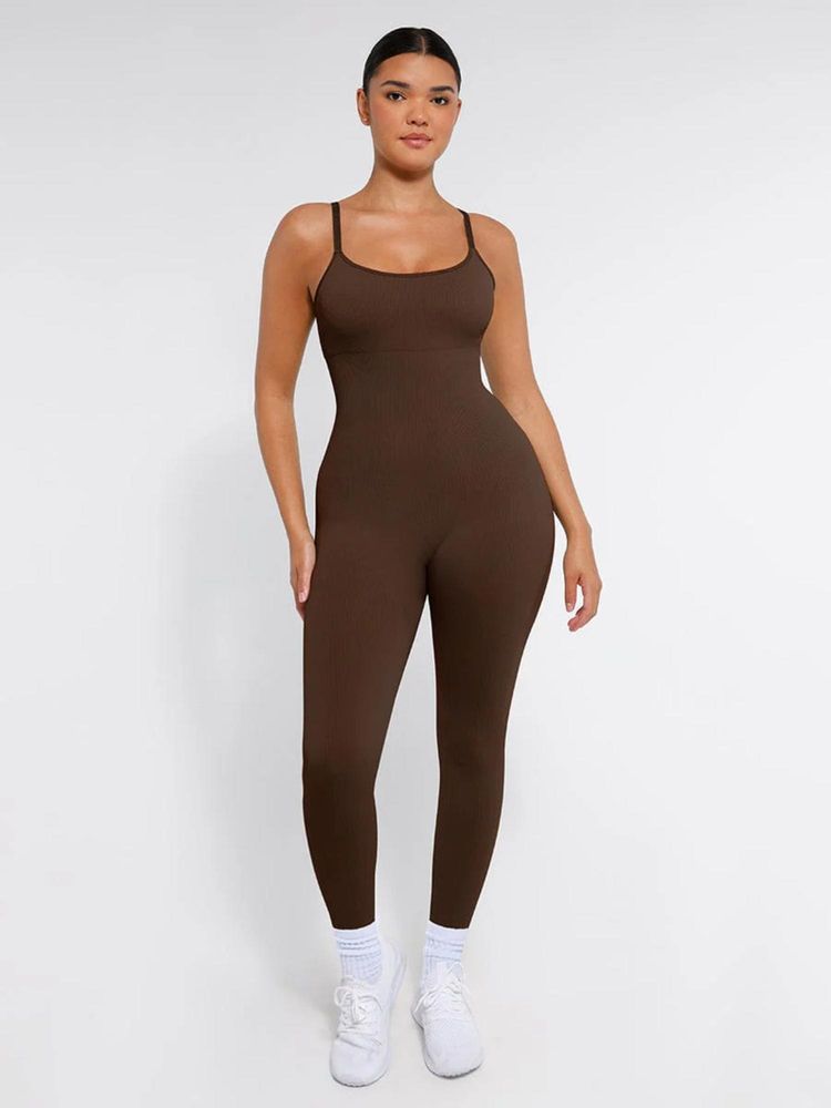 Shop The Edit High Stretchy Seamless Sling Tummy Control Jumpsuit Removable Cup Pads Brown-picture-33