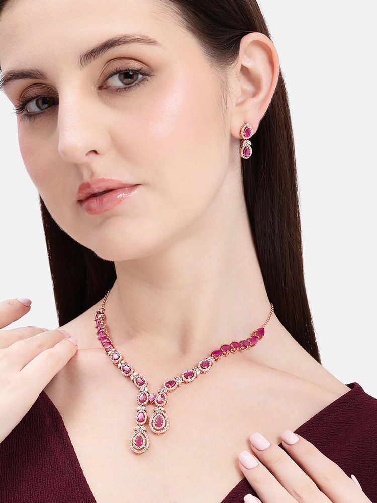 Estele Opulent Statement Rosegold Plated Ruby Cz Necklace Set-picture-20