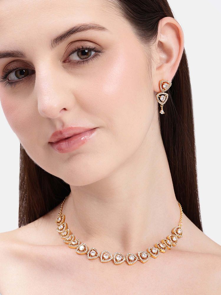Estele Geometric Triangular Design Gold Plated White Cz Necklace Set-image-2