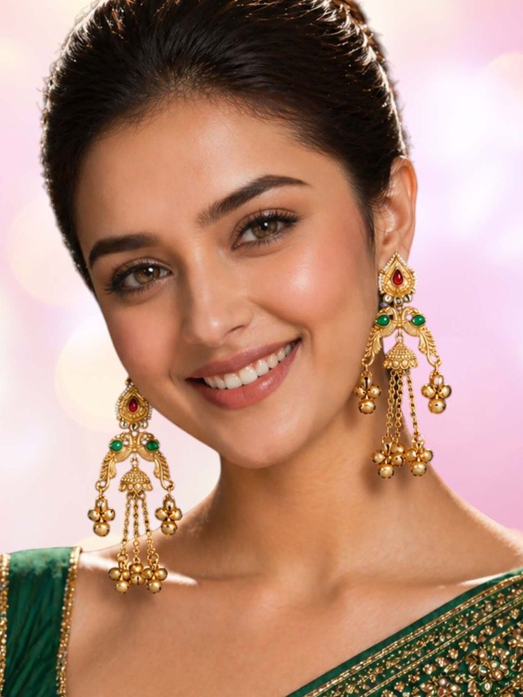 OOMPH Gold Heritage Peacock Design with Ghungroo Detailing Kashmiri Drop Earrings-picture-35