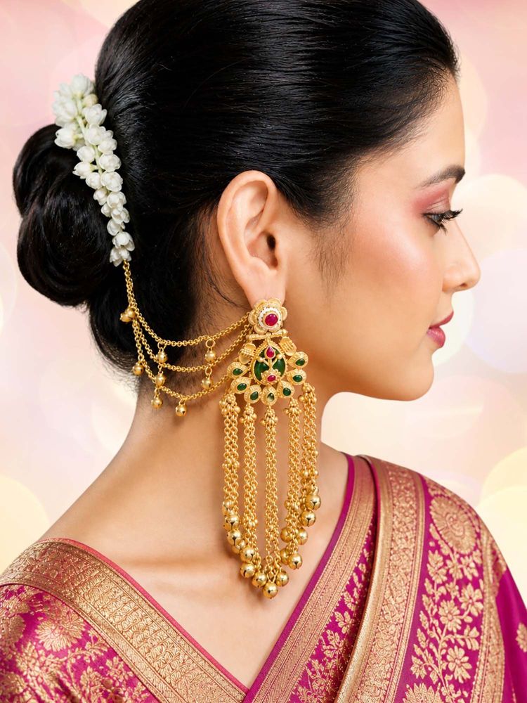 OOMPH Gold Heritage Hair Kaan Chain Ghungroo Detailing Kashmiri Drop Earrings-picture-38