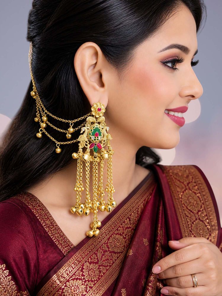 OOMPH Gold Heritage Hair Kaan Chain Ghungroo Detailing Kashmiri Drop Earrings-picture-36
