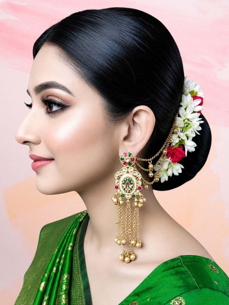 OOMPH Gold Heritage Hair Kaan Chain Ghungroo Detailing Kashmiri Drop Earrings-picture-34