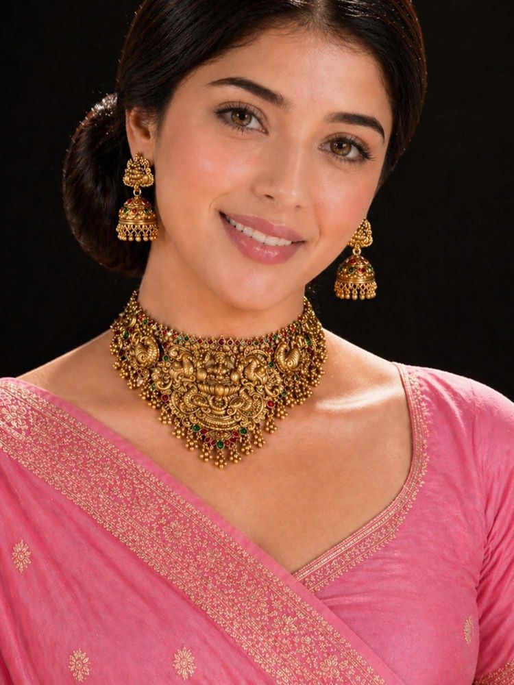 OOMPH Gold Temple Laxmi Design South Indian Theme Necklace Set-picture-10