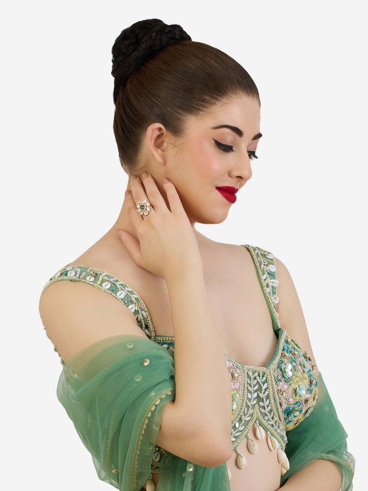 Zaveri Pearls Green Dazzling Cubic Zirconia Contemporary Brass Ring-image-26