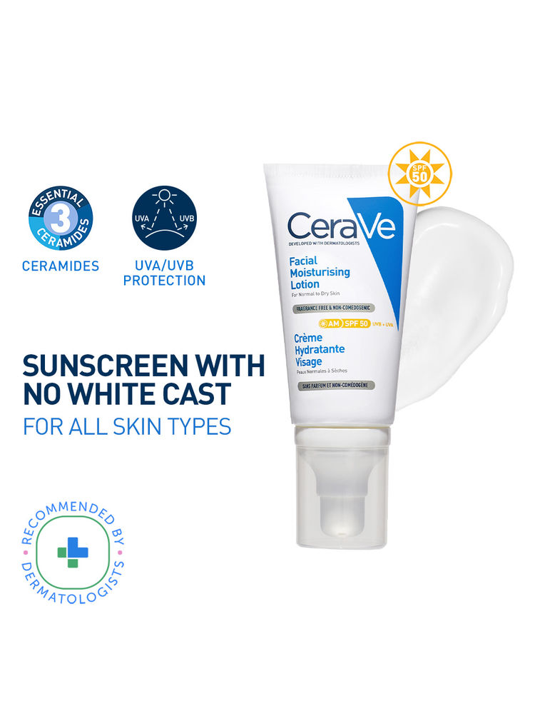 Cerave AM Facial Moisturizing Lotion With Sunscreen SPF 50 UVB + UVA, Dermatologist Recommended Day Cream
