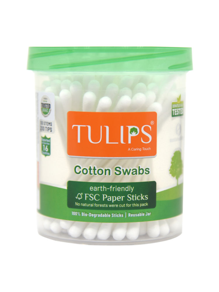 Tulips Cotton Ear Buds/Swabs With White Paper Sticks Jar (100 Sticks / 200 Tips)