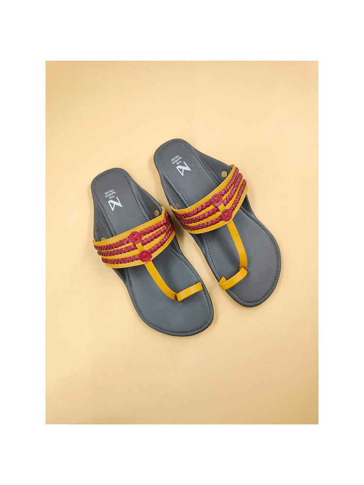 The Madras Trunk Women Dark Grey & Yellow Kolhapuris-image-16