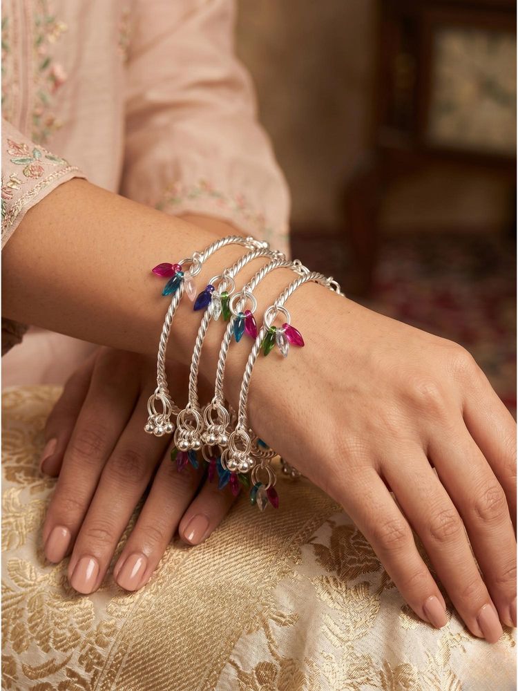 Adwitiya Womens Kashmiri Twisted Bangles with Multi-Color Petal Latkans (Pack of 4)-image-8