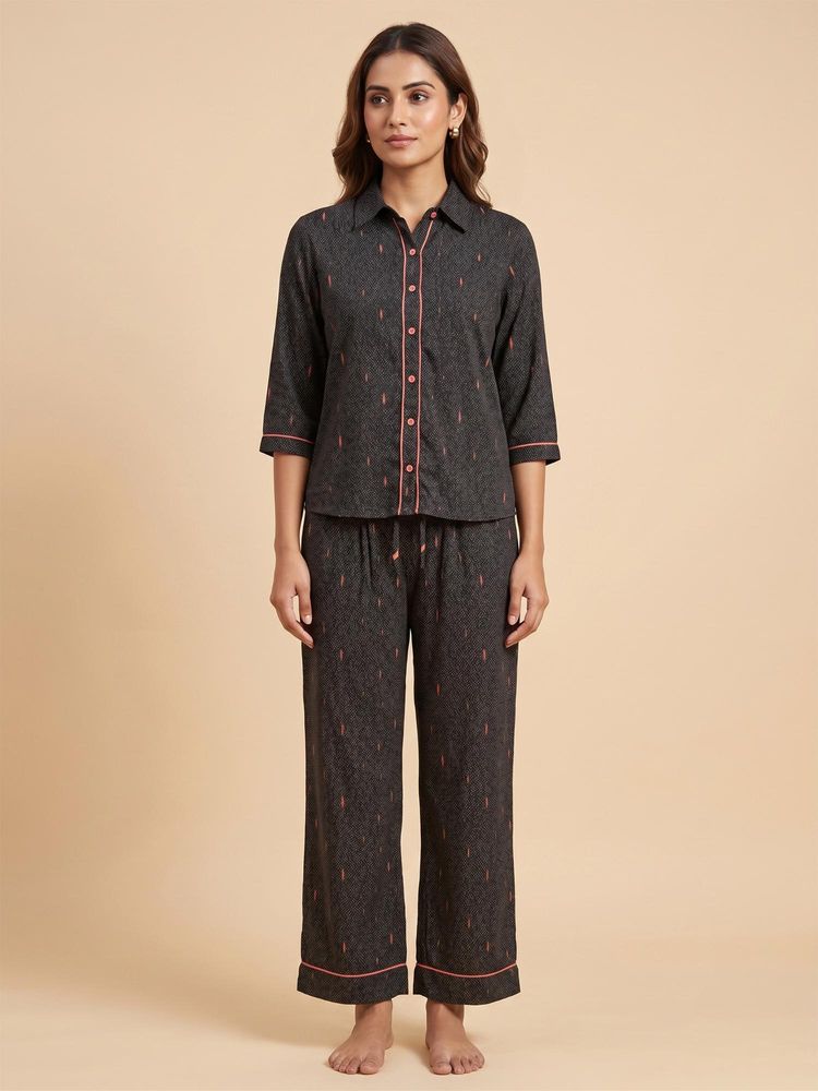 FABLUSH Women Black Cotton Shirt with Pyjama-picture-13