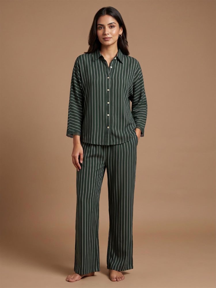 FABLUSH Women Green Cotton Shirt with Pyjama-image-1