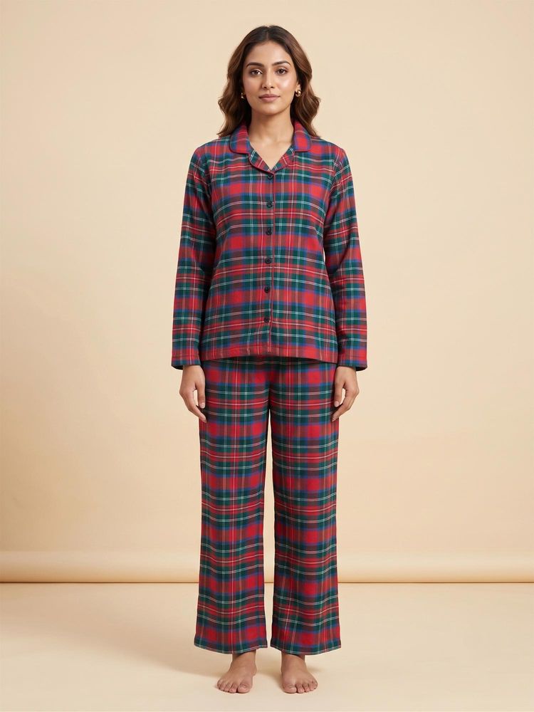 FABLUSH Women Red Cotton Shirt with Pyjama-picture-12