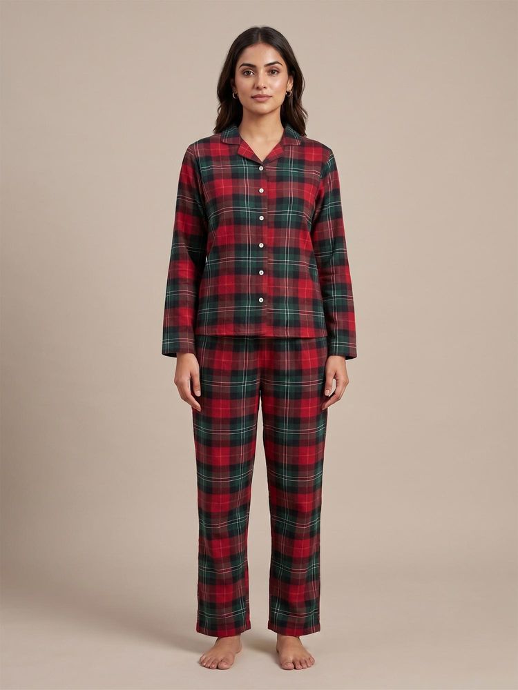 FABLUSH Women Red Cotton Shirt with Pyjama-picture-11