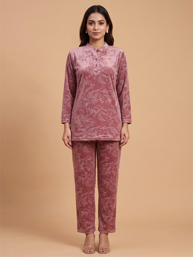 FABLUSH Women Pink Velour Top with Pyjama-image-12