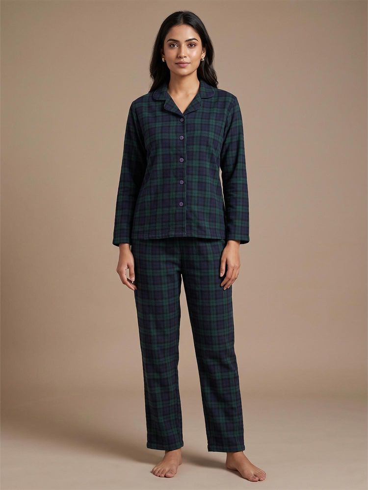 FABLUSH Women Green Flannel Shirt with Pyjama-image-6