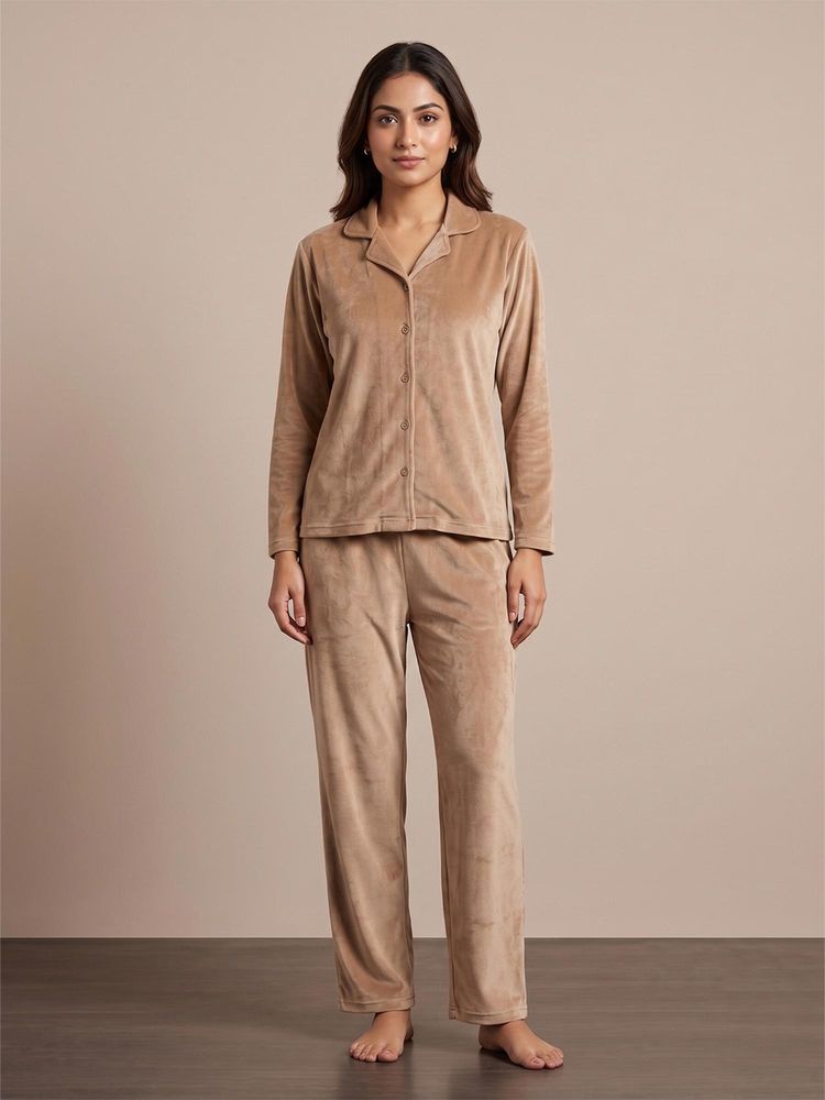 FABLUSH Women Beige Velour Shirt with Pyjama-image-1