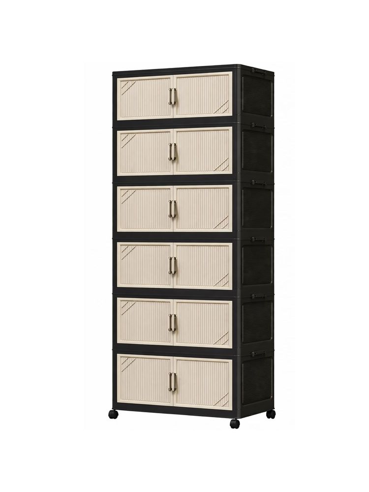 House of Quirk Multi Tier Foldable Storage Box with Wheels Durable Plastic - 6Layer Beige-image-5