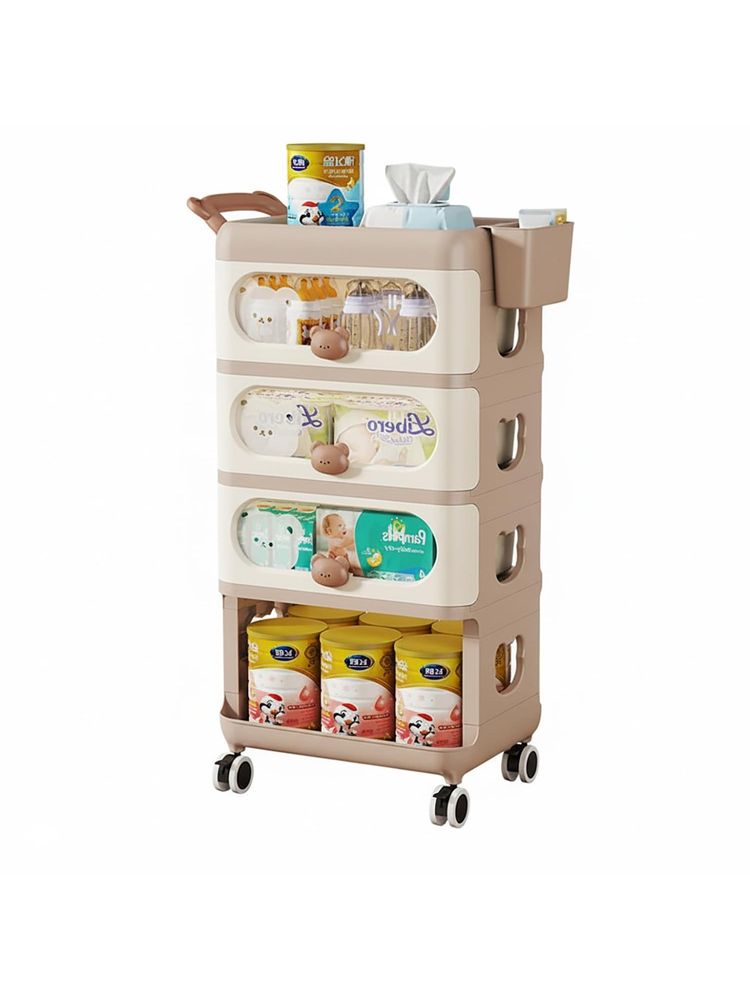 House of Quirk Baby Dresser Storage Trolley Plastic Rolling Cart with Drawers - Beige-image-2