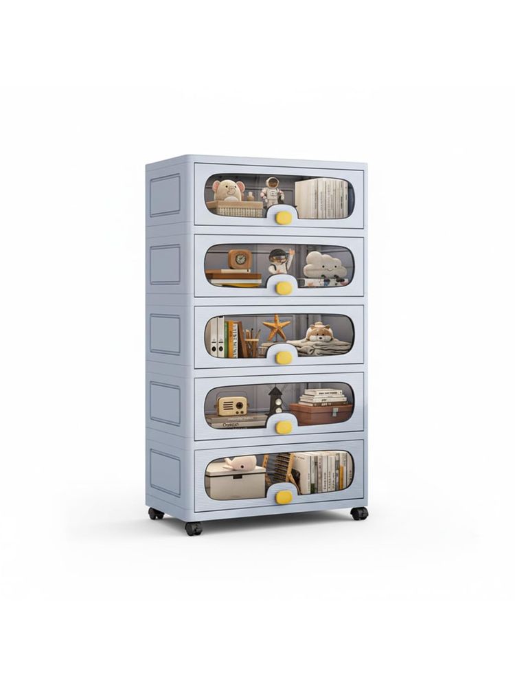 House of Quirk Grey 5 Layer Stackable Collapsible Storage Box Cabinet with Wheels & Flip Doors-image-6