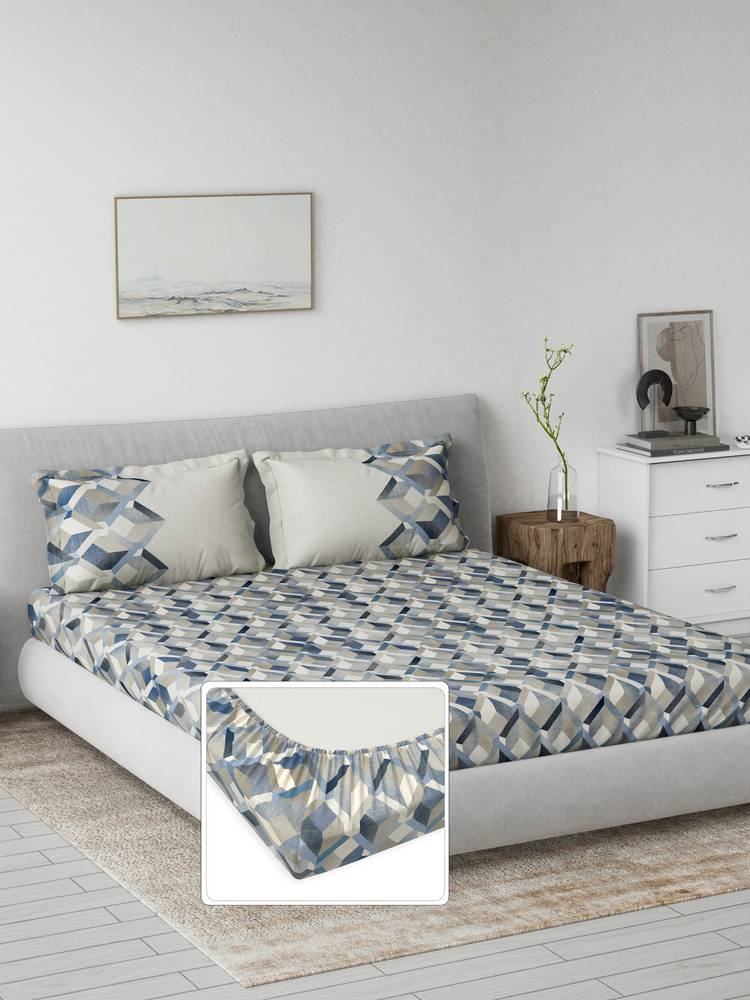 Ddecor Live Beautiful Primary Collection Geometric King Fitted Bedsheet with 2 Pillow Cover Blue-picture-21