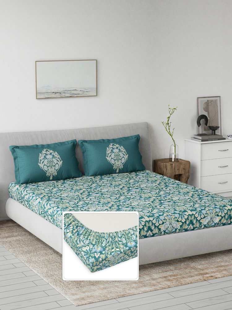 Ddecor Live Beautiful 100% Cotton Primary Ethnic King Fitted Bedsheet with 2 Pillow Cover Blue-picture-13