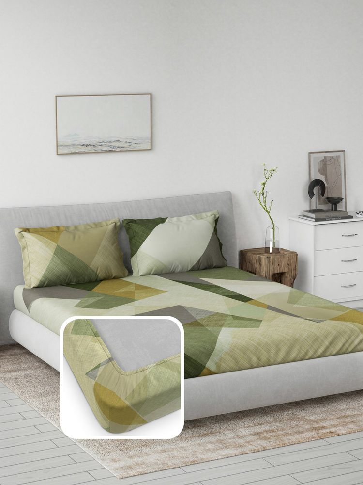 Ddecor Live Beautiful Prime Collection Ethnic Motifs King Fitted Bedsheet with 2 Pillow Cover Green-image-1