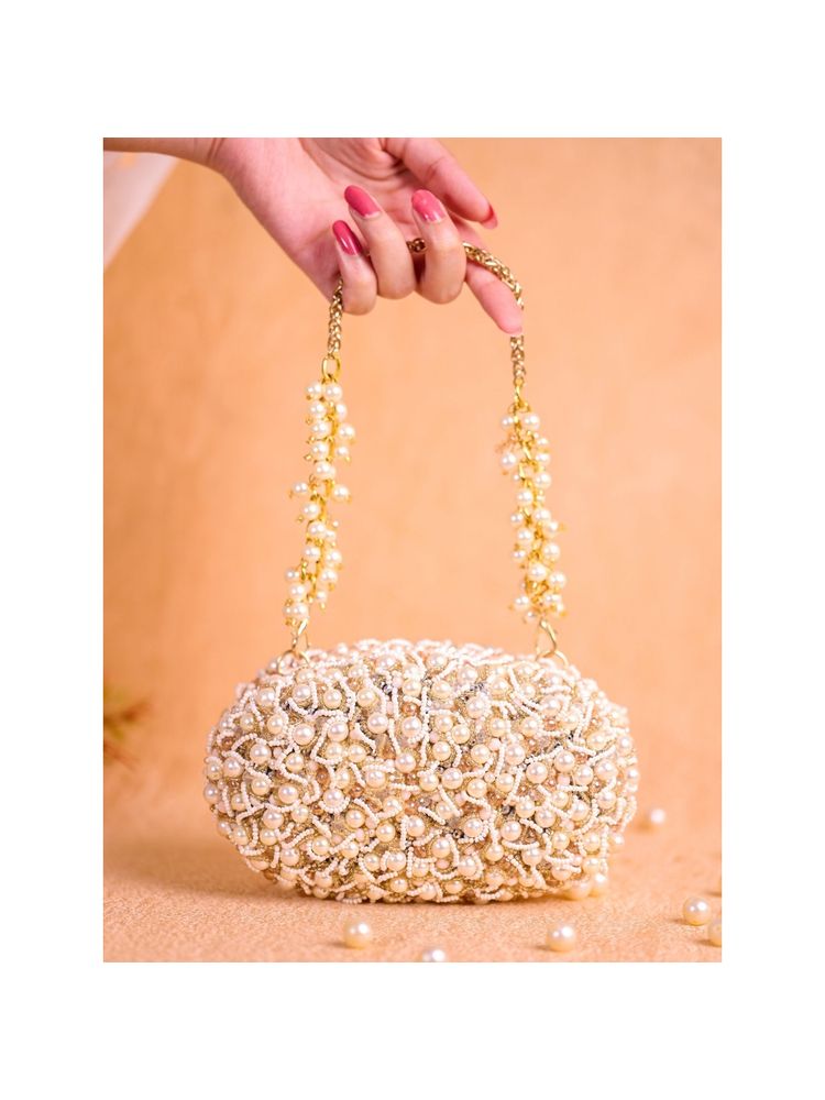 House Of Kosha Chloe Off White Suede Pearl Clutch-image-1