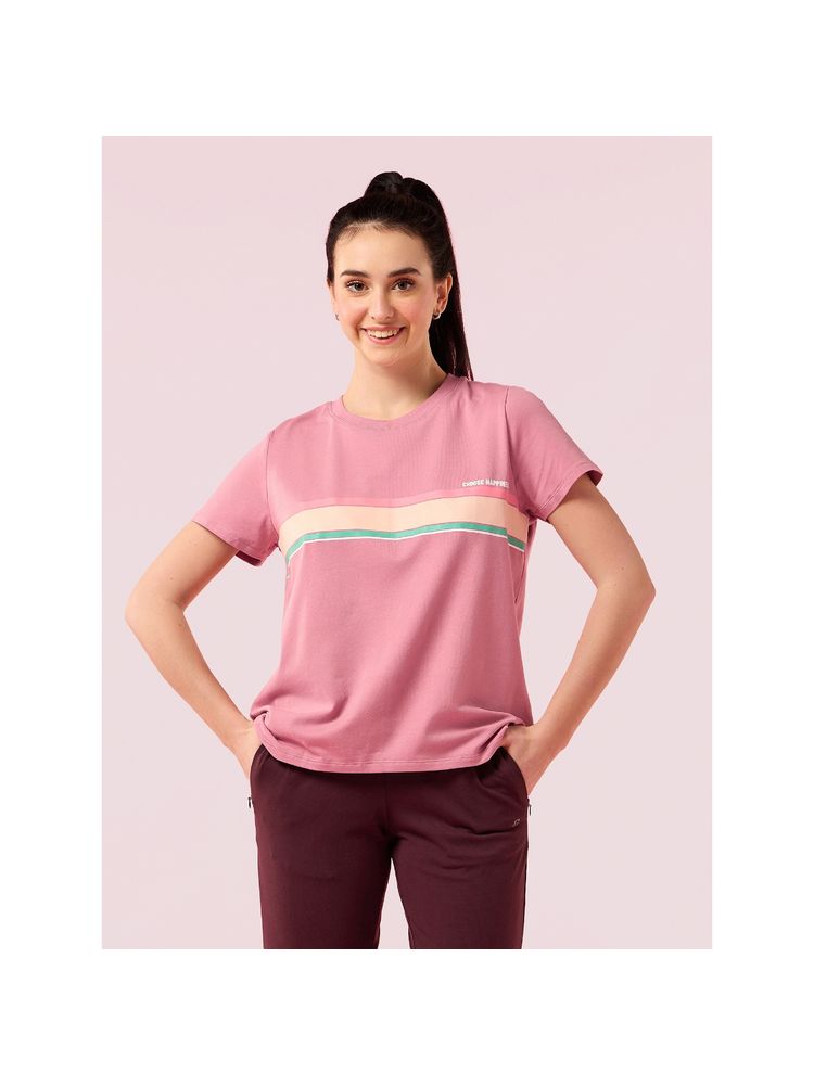 Enamor Short Sleeve Crew Neck Regular Length High Low Striped T-Shirt For Women- E3S5-picture-13