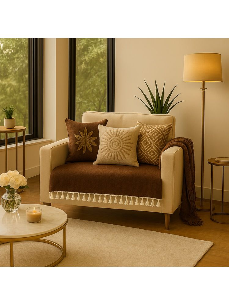 THROW PILLOW Brown With Small Tassel Trim Lace Sofa Cover-image-43