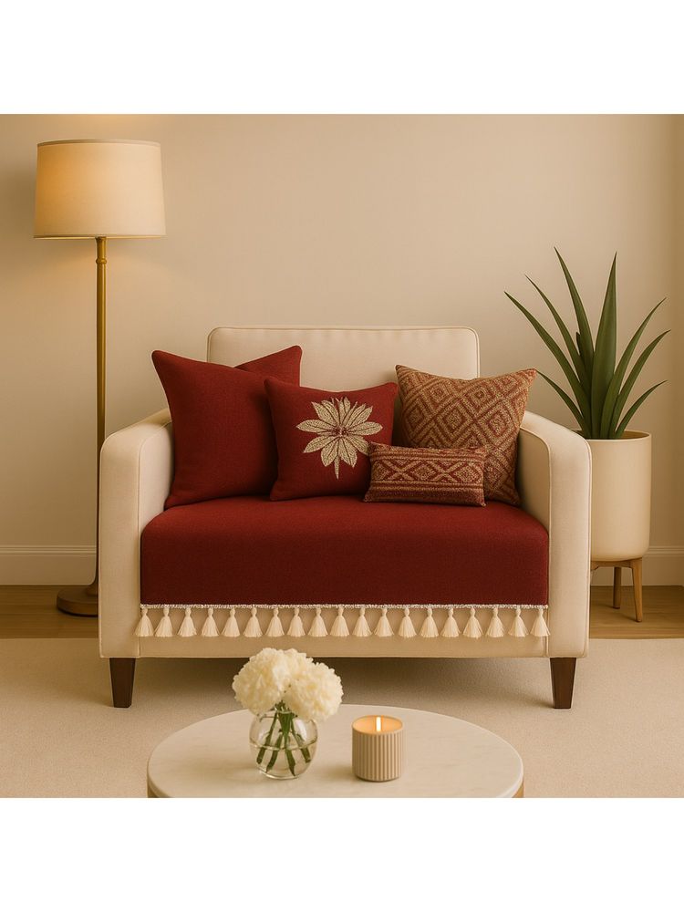 THROW PILLOW Maroon With Small Tassel Trim Lace Sofa Cover-image-49