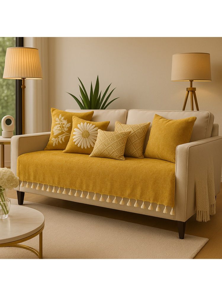 THROW PILLOW Mustard With Small Tassel Trim Lace Sofa Cover-image-24