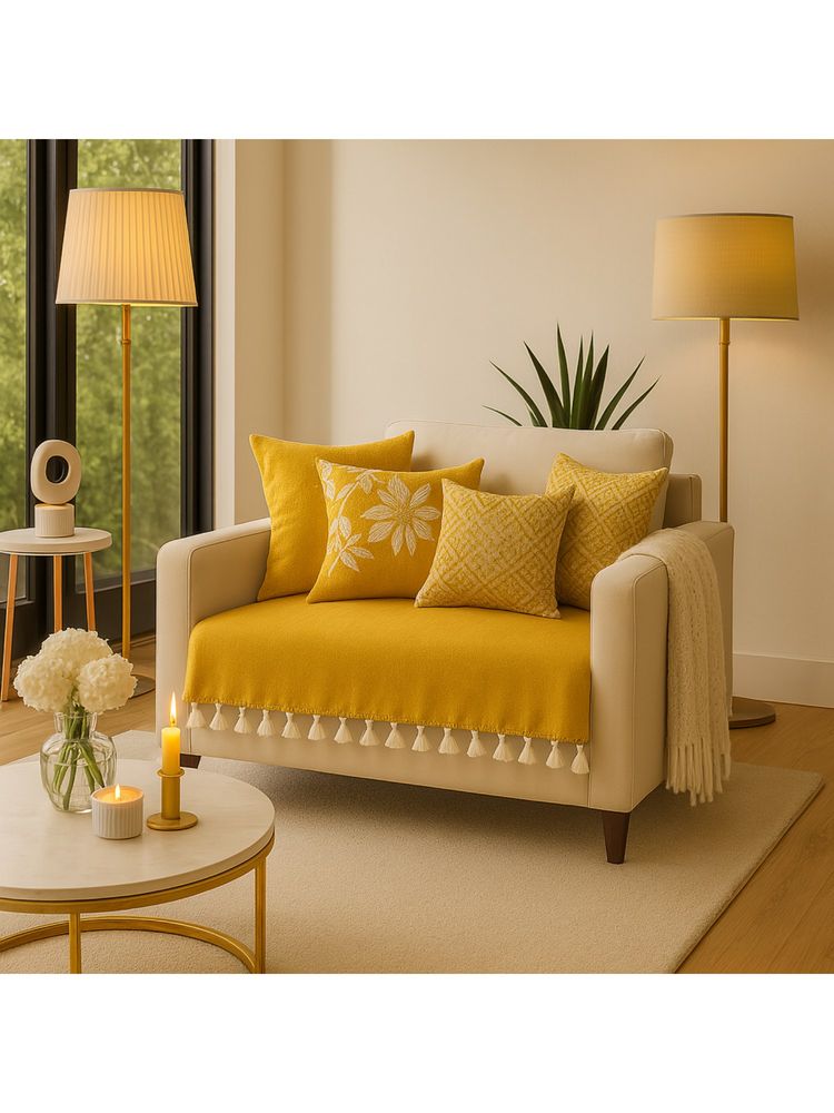 THROW PILLOW Mustard With Small Tassel Trim Lace Sofa Cover