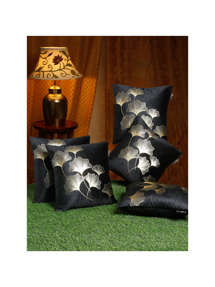 HOSTA HOMES Black & Gold Set of 5 Floral Velvet Square Cushion Covers 16x16 inches-picture-21