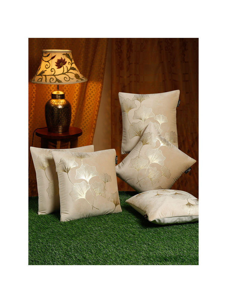 HOSTA HOMES Cream & Gold Set of 5 Floral Velvet Square Cushion Covers 16x16 inches