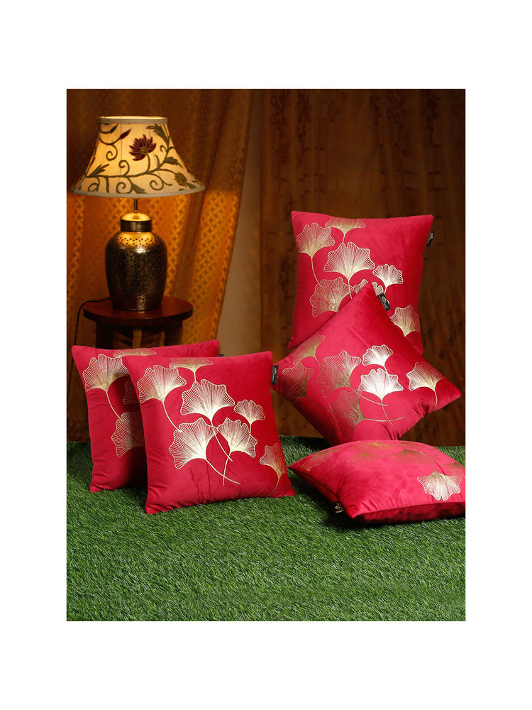 HOSTA HOMES Maroon & Gold Set of 5 Floral Velvet Square Cushion Covers 16x16 inches-picture-48