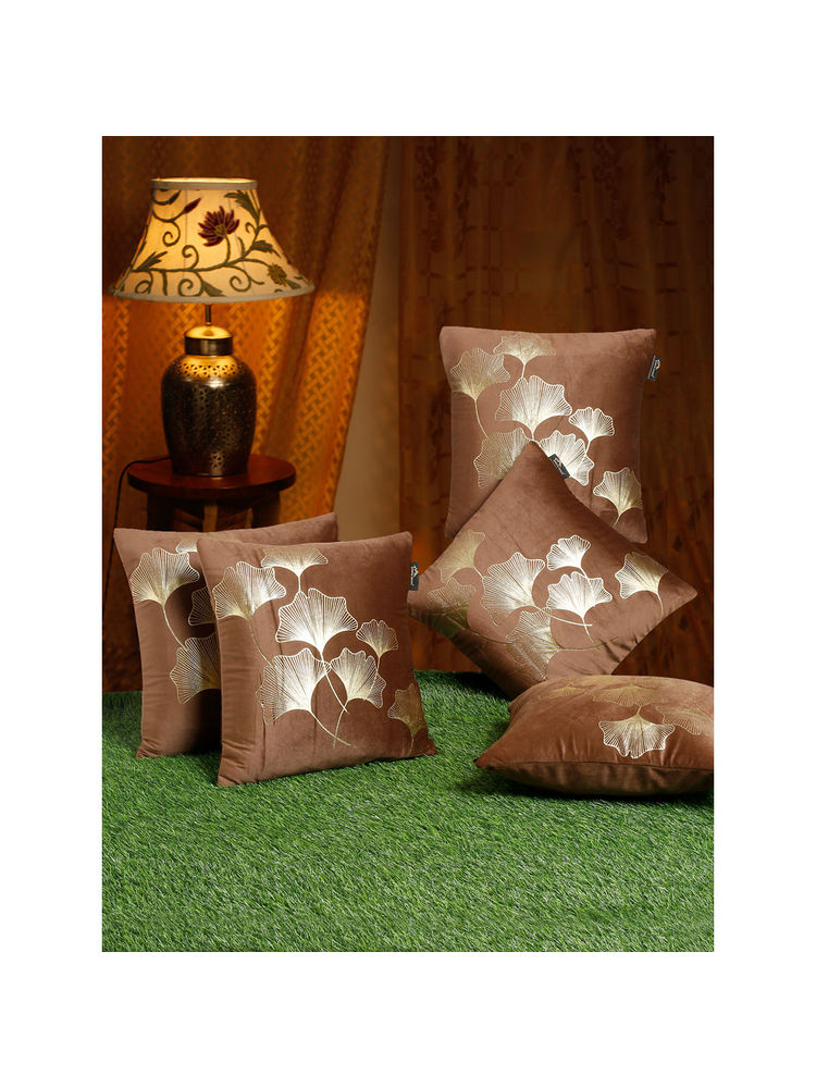 HOSTA HOMES Brown & Gold Set of 5 Floral Velvet Square Cushion Covers 16x16 inches-picture-21