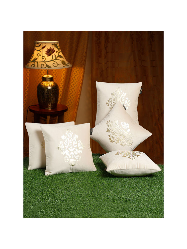 HOSTA HOMES Cream & Silver Set of 5 Ethnic Motifs Velvet Square Cushion Covers 16x16 inches-picture-3