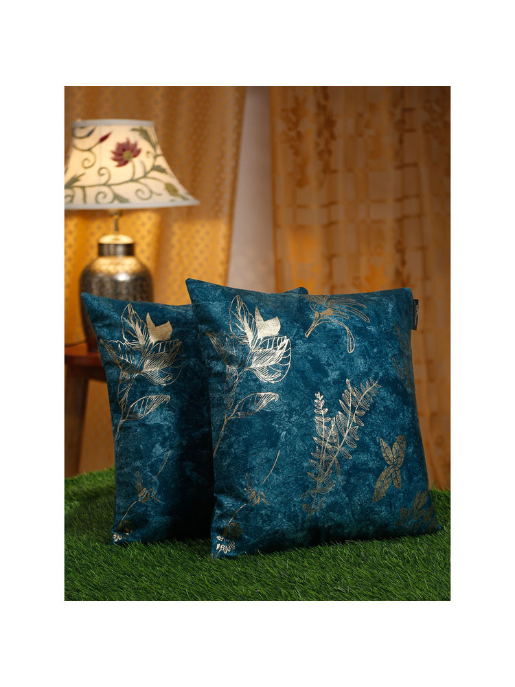 HOSTA HOMES Teal & Gold-Toned 2 Pieces Floral Velvet Square Cushion Covers 16x16 inches-picture-24