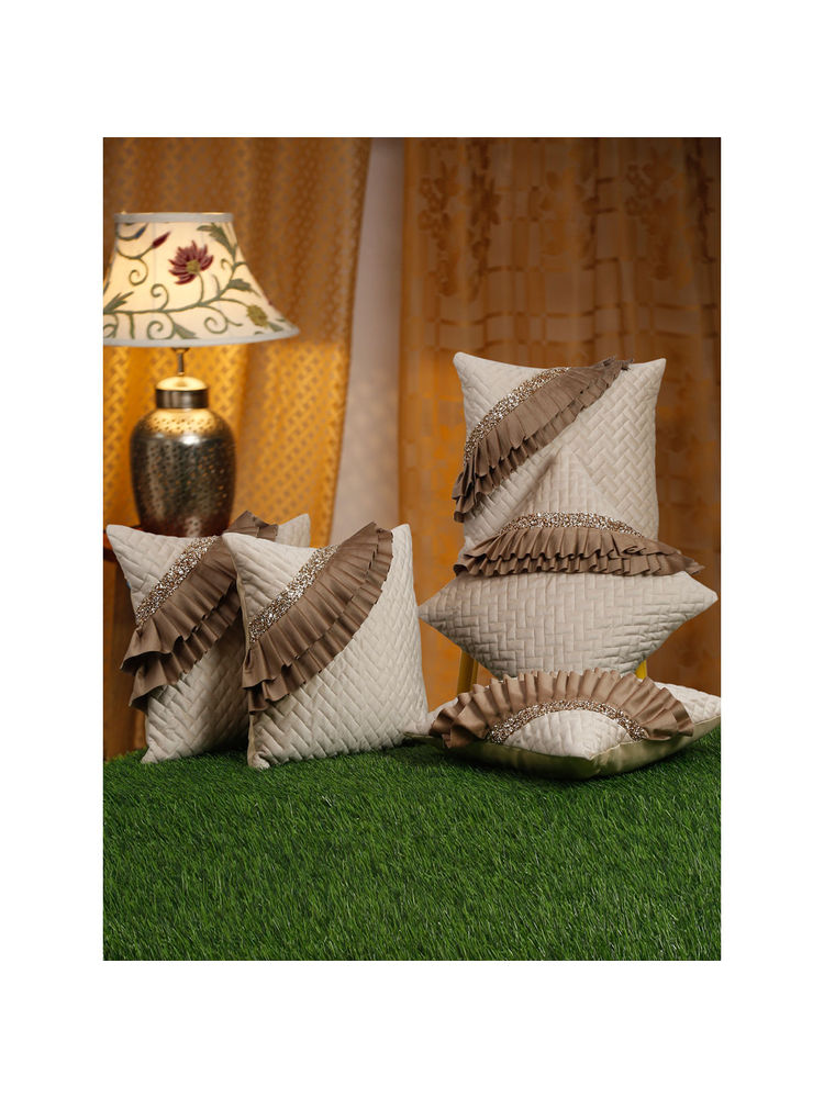 HOSTA HOMES Off White & Brown 5 Pieces Geometric & Embellished Square Cushion Covers 16x16 inches-picture-6